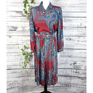 Vintage Leslie Fay Dress sz 10 1980's Red Blue Paisley Shirtwaist Belted Pleated